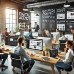 DALL·E 2025-03-03 19.31.13 - A modern and professional digital agency team working in an office, specializing in WordPress development, Shopify e-commerce, and graphic design. The